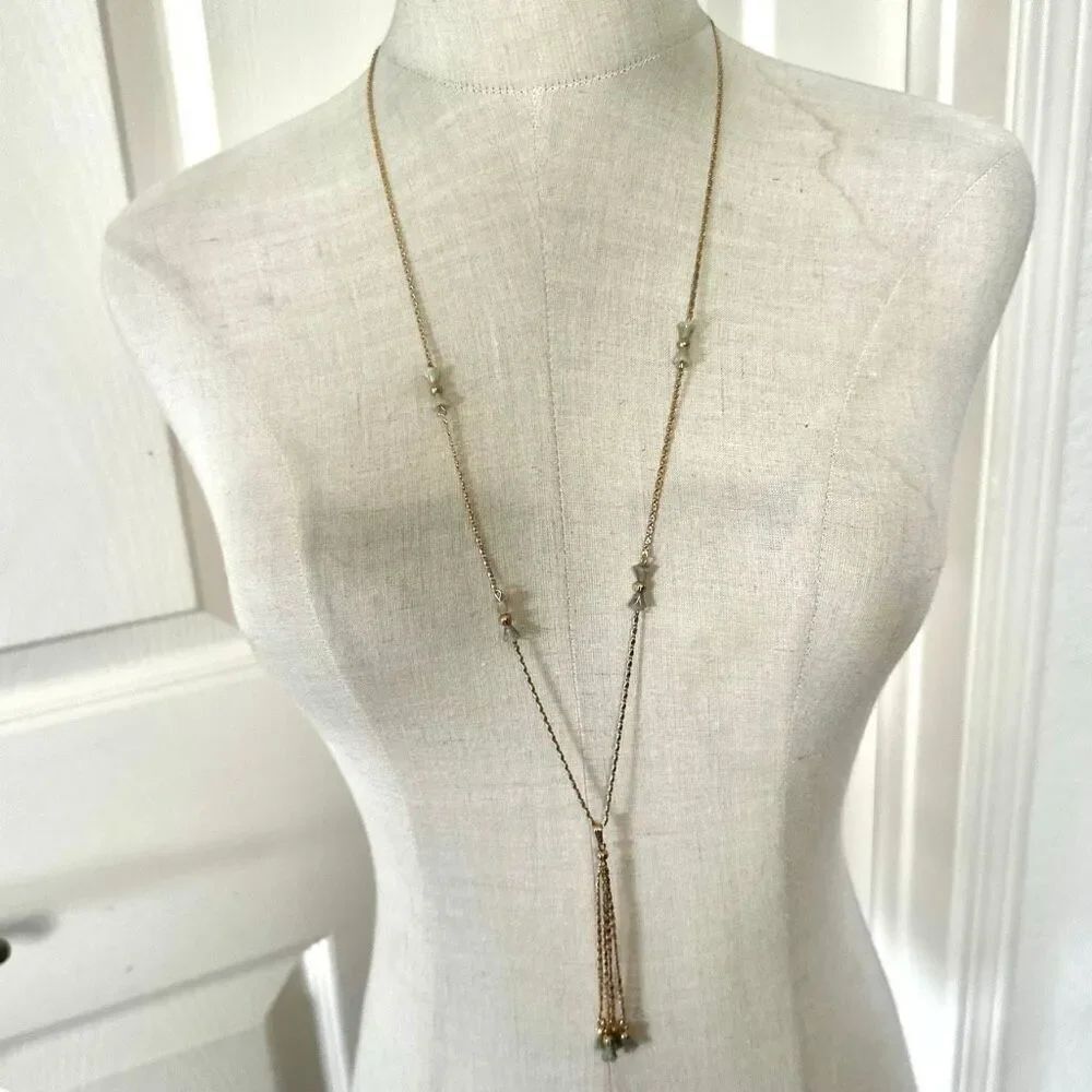 Sarah Coventry Long Gold-Tone Lariat Necklace w/ Faux Jade Carved Detail